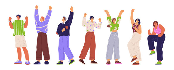 Men and women cheering and celebrating victory, flat cartoon vector illustration set. Isolated winners and successful people raising hands up in happy manner. Excited personages smiling