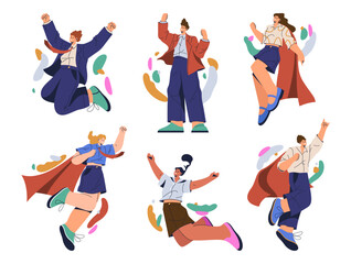 Fototapeta na wymiar Happy business people cheering and celebrating achievement, flat cartoon vector illustration set. Isolated successful men and women in suits, excited and content employees and managers