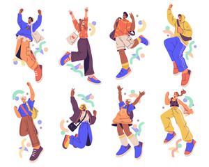 Fashionable students wearing modern clothes, flat cartoon vector illustration set. Isolated men and women in cool apparel and outfits, clothing and accessories bags and stylish footwear