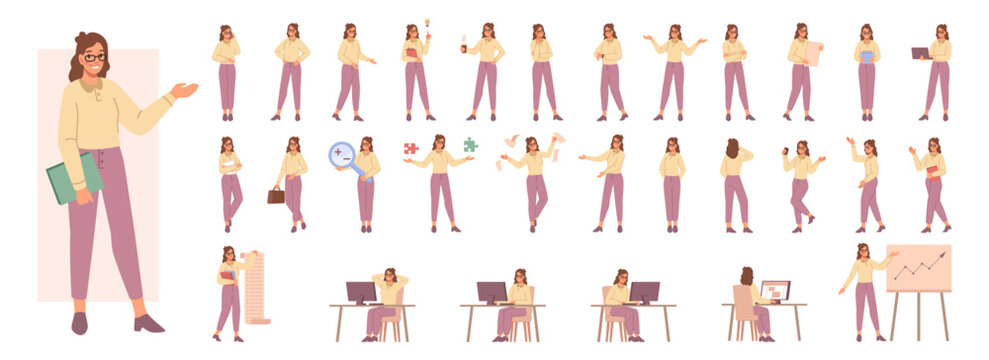 Woman working in office, businesswoman entrepreneur works at computer, making presentation and research, flat cartoon vector character. Girl corporate manager or director in different poses
