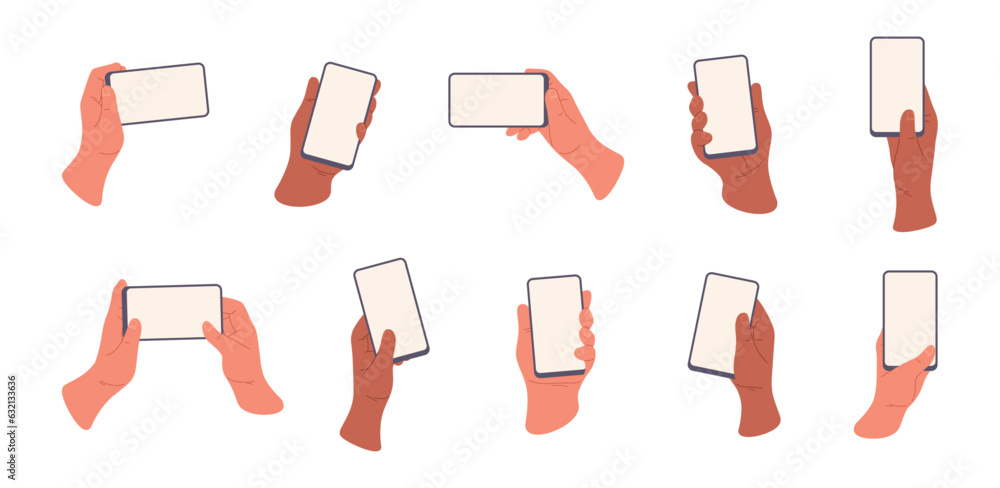Poster smartphones with blanks screens in hands, flat cartoon vector illustration set. isolated users with 