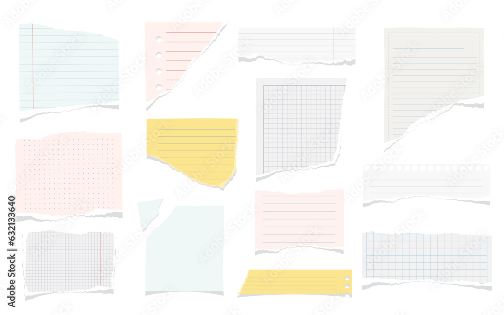 Poster Ripped pieces of paper from notebook or textbook, flat cartoon vector illustration set. Isolated torn paper for writing down info, empty memo or sticky notes notepaper with borders