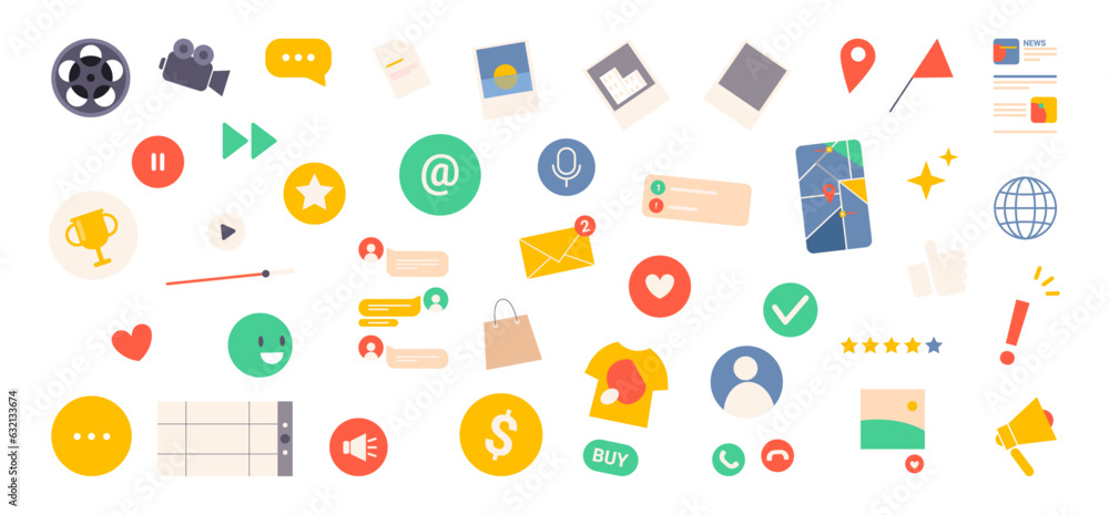Poster smartphone application icons and buttons, flat cartoon vector illustration set. isolated app element