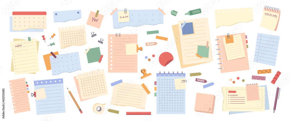 Poster Modern paper notes on stickers vector illustration set. Office notepapers and information board in flat cartoon style. Torn paper sheets form notepad isolated collection of sticky notes