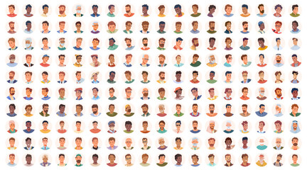 Portrait avatar icon men, big set of user faces. People profile userpics flat cartoon vector illustration. Male faces of unknown or anonymous person. Happy characters collection - obrazy, fototapety, plakaty