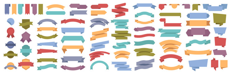 Ribbons, color banners vector illustration set in flat cartoon style. Vintage colorful design curly labels with blank space for special price promotion. Curved scroll flags or sticker banners template