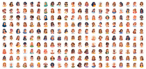 Portrait avatar icon women, big set of female user faces. Girls faces of unknown anonymous person. Happy characters collection, businesswoman. People profile userpics flat cartoon vector illustration - obrazy, fototapety, plakaty