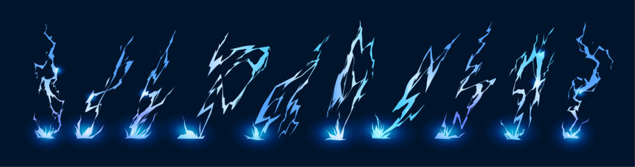 Bolt and lightning realistic thunderbolt, flat cartoon vector illustration set. Bad weather conditions, powerful flash of light, charged with electricity. Bright current in zig zags