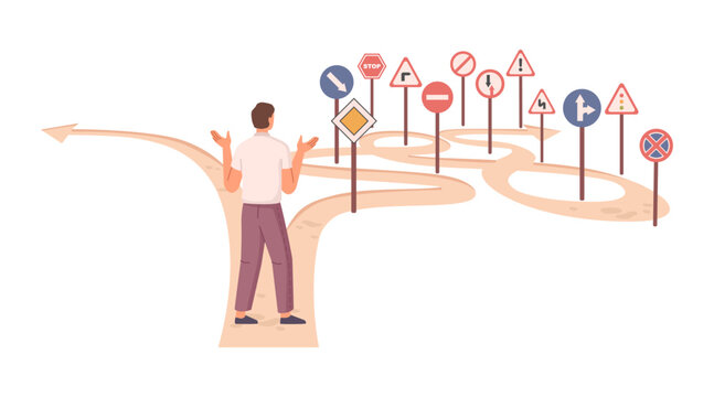 Easy or shortcut way to win business success, man choosing difficult or easy way, different road signs and stop mark. Vector illustration of hard path and obstacle, competing and best choice