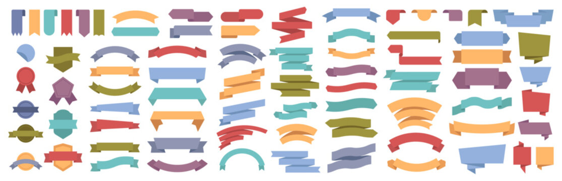 Ribbons, color banners vector illustration set in flat cartoon style. Vintage colorful design curly labels with blank space for special price promotion. Curved scroll flags or sticker banners template