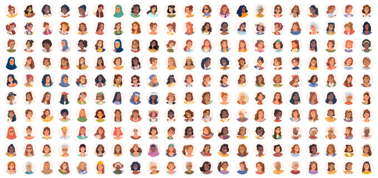 Portrait avatar icon women, big set of female user faces. Girls faces of unknown anonymous person. Happy characters collection, businesswoman. People profile userpics flat cartoon vector illustration