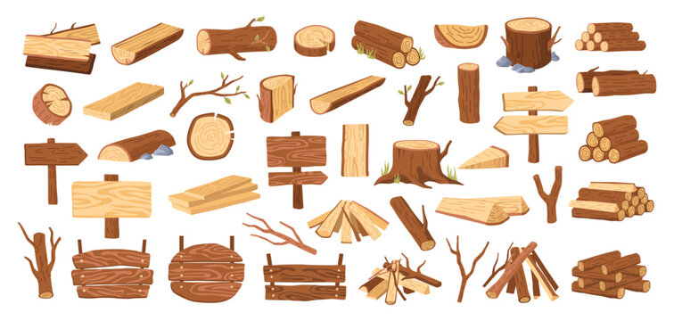 Wood tree logs, stumps and trunks, wooden pieces flat cartoon vector illustration. Lumber and firewood cut branches, lumberjack materials, campfire and woodwork planks big set collection