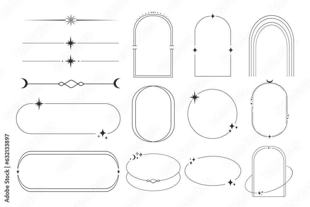 Poster set celestial frames, borders line art esoteric minimal decoration with sparkles isolated on white b