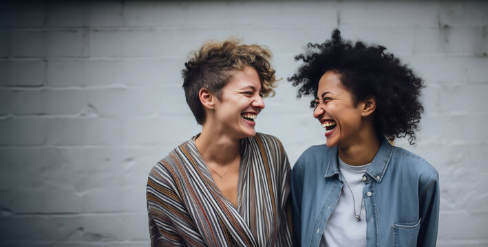 Two lesbian gay young women laughing and standing in front of a neutral wall - Theme Homosexuality, Freedom and Sexuality - Generative AI