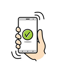 Smartphone on hand. Thin line icon of mobile phone features, settings and apps. Vector linear icon for smartphone. Vector illustration.