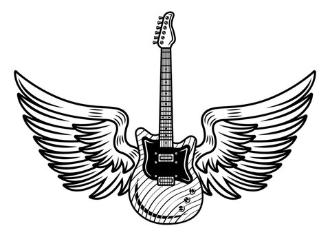 Electric guitar with wings vector illustration in monochrome vintage style isolated on white background