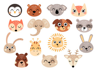 Cute animal faces clipart in flat style. Kids vector illustration