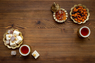 Traditional oriental tea with Turkish delight, top view