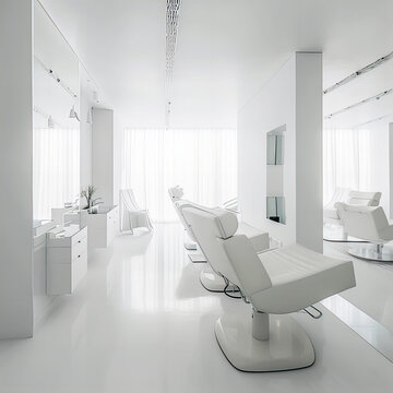 White beauty salon with panoramic windows. Generative AI technology.