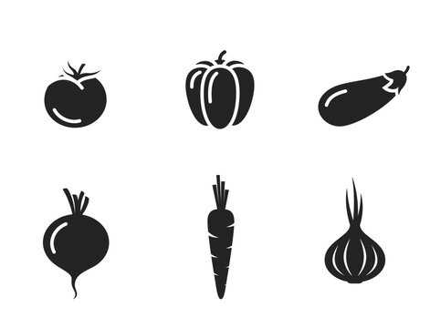 vegetable icon set. eggplant, tomato, bell pepper, carrots, beetroot and onion. harvest and organic food symbols