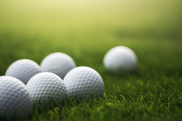Obraz premium Set of or group of white metal golf ball, close-up, green grass area background