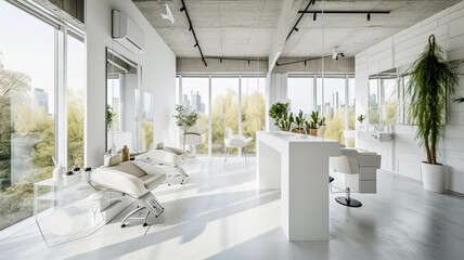 White beauty salon with panoramic windows. Generative AI technology.