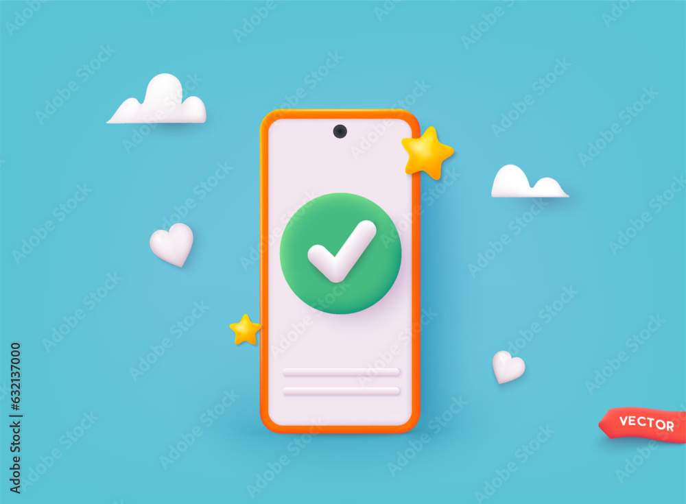 Poster smartphone with green check mark on mobile application. to do list, time and task management, done. 