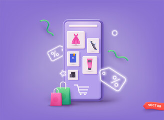 Online shopping on application and website concept, digital marketing online, shopping cart. 3D Vector Illustrations.