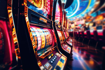 Fototapeta na wymiar Players Perspective Looking At Slot Machine Reels Spinning