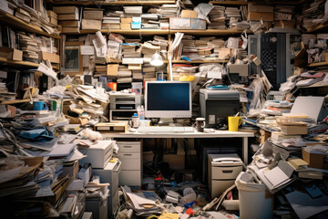 Obraz premium Messy Office With Computer And Lots Of Papers