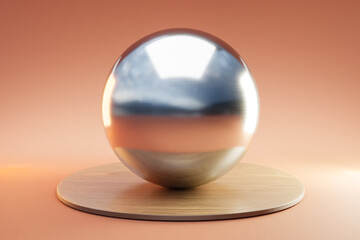 wooden podium with metal sphere ball on infinite background; pedestal for beauty, cosmetic product presentation. copy space template, 3D Illustration