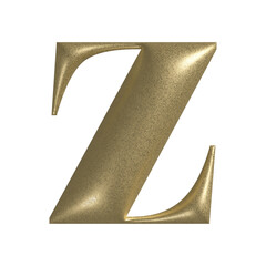 3d letter Z with realistic gold texture. Metal, inflate, lower case z serif font, isolated on transparent background.