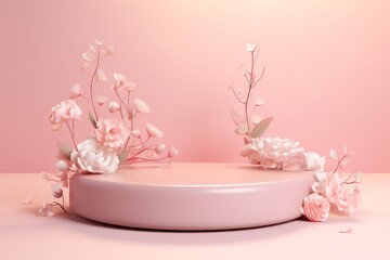 Spring floral scene with podium, pink color. Beautiful illustration picture. Generative AI