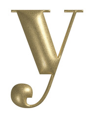 Letter Y 3d realistic gold texture. Metal, inflate, lower case y serif font, isolated on transparent background.