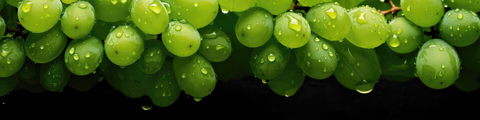 Artistic Closeup Of Dewkissed Green Grape Bunches. Panoramic Banner