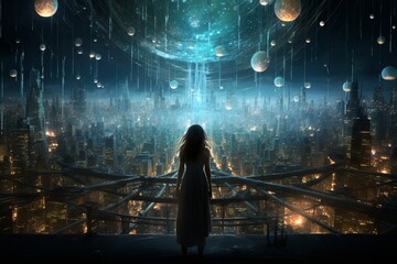 City of lights in the background, woman standing and looking at it. Beautiful illustration picture. Generative AI