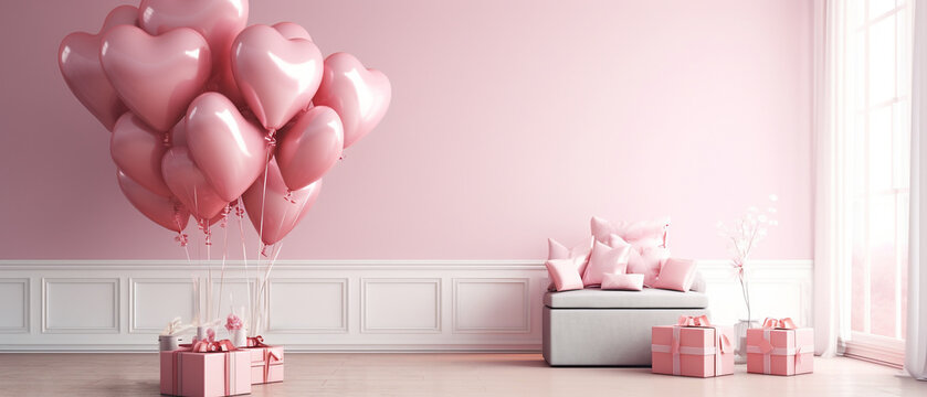 pink balloon heart shape in pink studio with gift boxes, Generative AI