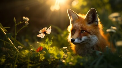 Fox next to a butterfly on a green meadow. Beautiful illustration picture. Generative AI