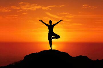 Silhouette Of Yogi Performing Warrior Pose Sunset Glow