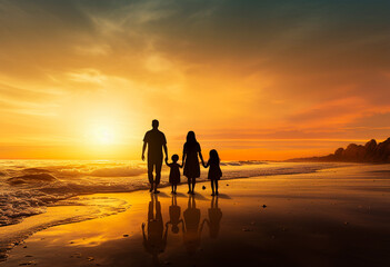 Family silhouette standing at the beach sunset, father, mother, daughter, walk, have fun at beautiful beach. Generative AI.