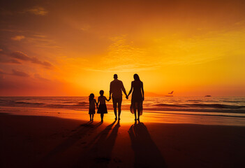 Fototapeta na wymiar Family silhouette standing at the beach sunset, father, mother, daughter, walk, have fun at beautiful beach. Generative AI.