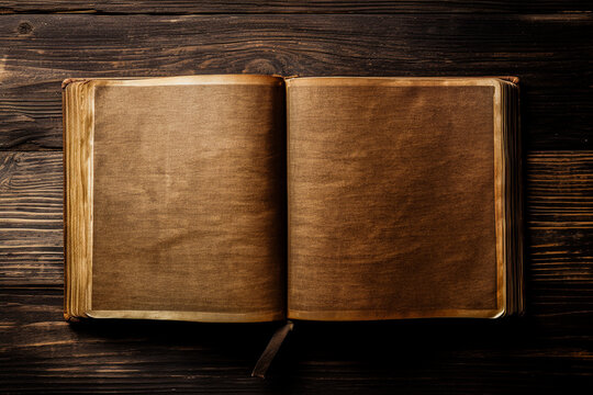 Old vintage book open on dark wood background with space for text. vintage style. Generative AI.