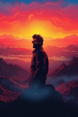 Person standing on a moutain summit, looking at majestic view. Beautiful illustration picture. Generative AI