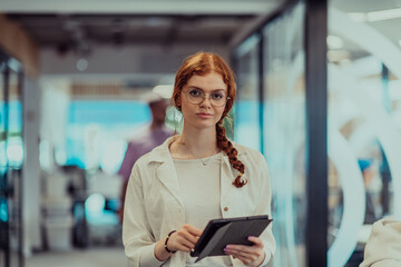 A young business woman with orange hair self-confident, fully engaged in working on a tablet, exuding creativity, ambition and a lively sense of individuality