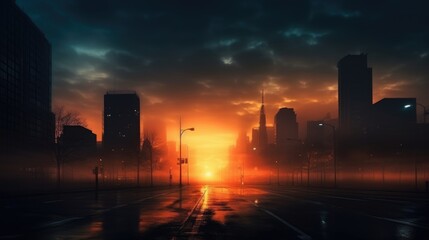 A dramatic foggy or misty road with colorful light from traffic cars through city in the morning sunrise.	