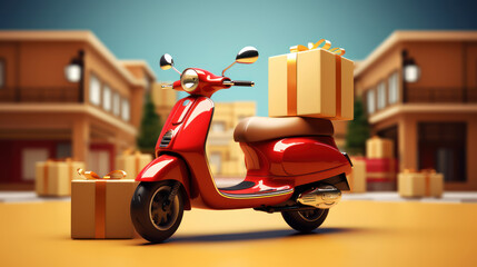 3D render. Shopping Online delivery service by scooter.