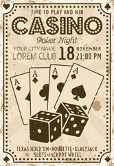 Casino and poker invitation vintage poster. Vector illustration with sample text and grunge texture on separate layers