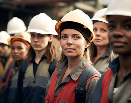 Women construction workers and architects together in hard hats. workers for safety. USA Labor Day celebration. Generative AI.