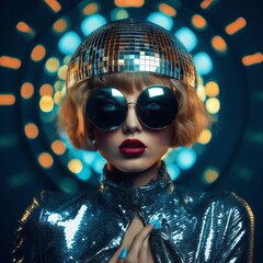 A stunning woman in a shimmering silver dress and hot pink hair stands ready to hit the dance floor, her makeup and fashion evoking a retro vibe and her doll features inspiring glamorous nightclub