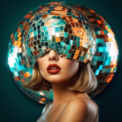 A stunning woman with short blonde hair and a metallic dress illuminated by a twinkling disco ball, radiates retro vibes as she dances her way through the nightclub, a gleaming party doll night
